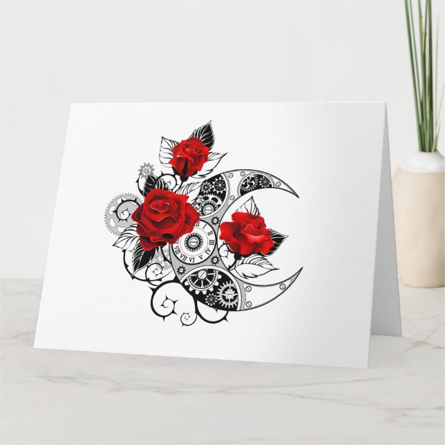 Carte Croissant mécanique avec roses rouges (Devant)