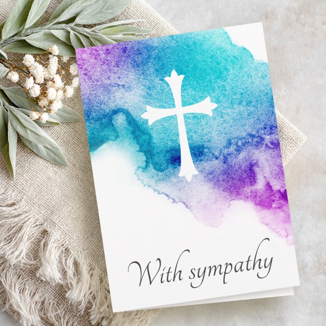 Carte Croix de condoléances de couleur bleu violet aquar (Cross purple blue watercolor sympathy condolence card)