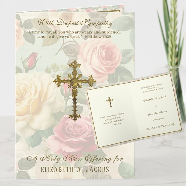 Carte Croix de messe de sympathie catholique Offrande de (TRADITIONAL CATHOLIC FUNERAL SYMPATHY MASS OFFERING CARD WITH SCRIPTURE AND ROSES AND CRUCIFIX)