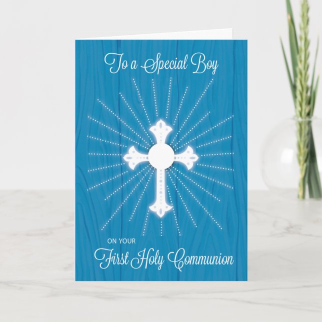 Carte Croix de Première Communion de garçon et rayons su (Devant)