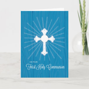 Carte Croix de première communion et rayons sur bois ble