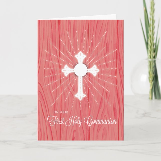 Carte Croix de première communion et rayons sur bois ros (Devant)