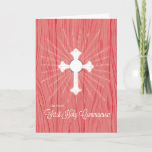 Carte Croix de première communion et rayons sur bois ros