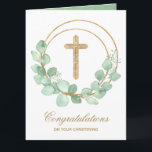 Carte Croix d'or Eucalyptus Christing<br><div class="desc">Une croix de parties scintillant en faux or et une couronne de feuilles d'eucalyptus soulignent cette carte de voeux religieuse. Idéal pour un baptême pour une fille ou un garçon. Personnalisez l'accueil à l'intérieur ou partez tel quel. Objets CORRESPONDANTS disponibles dans notre magasin.</div>