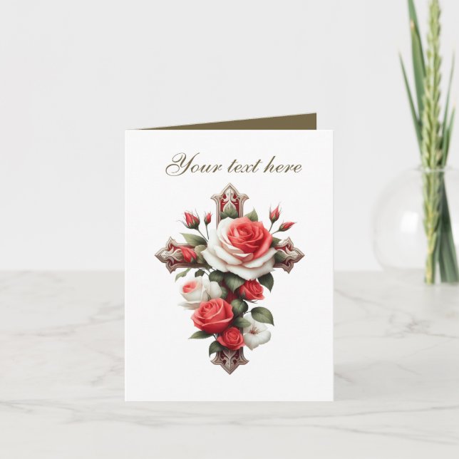 Carte Croix mignonne avec rose personnalisable (Devant)