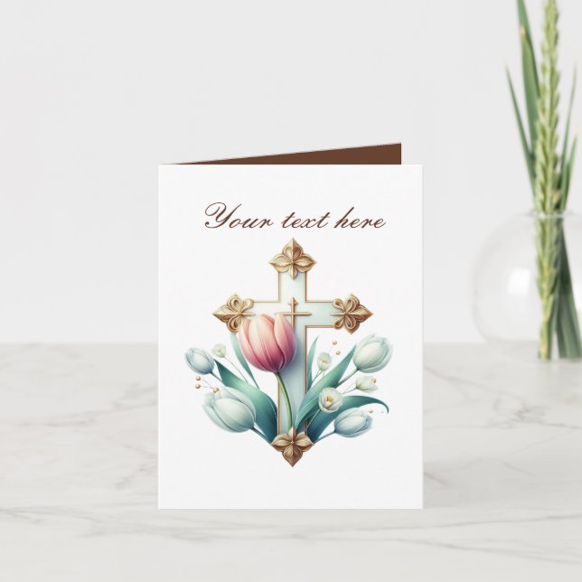 Carte Croix mignonne avec rose personnalisable (Devant)