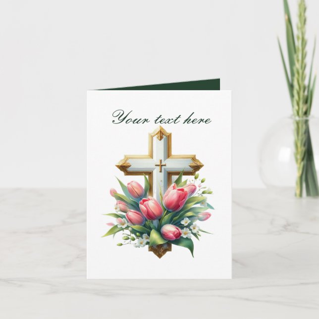 Carte Croix mignonne avec rose personnalisable (Devant)