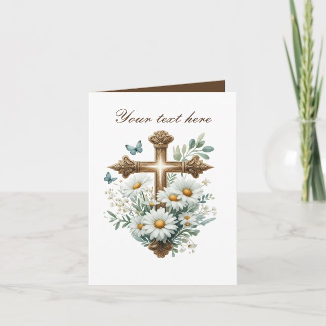 Carte Croix mignonne avec rose personnalisable (Devant)