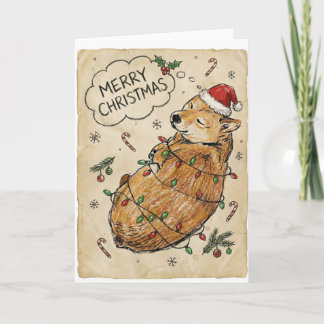 Carte Croquis rustique vintage de Shiba Inu pour Noël -