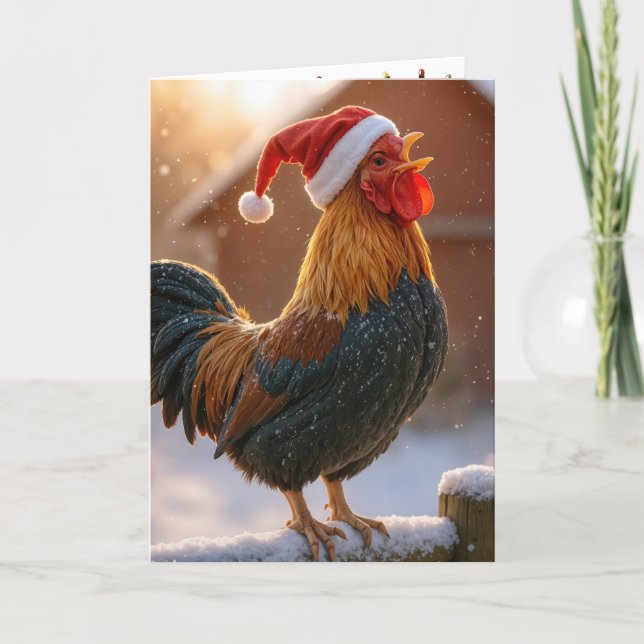 Carte Crowing Christmas Rooster Wearing a Santa Hat (Devant)