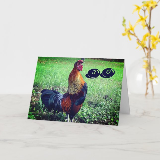 Carte Crowing Rooster Funny 30e anniversaire (Fleur jaune)