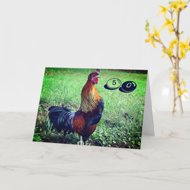 Carte Crowing Rooster Funny 50e anniversaire (Fleur jaune)