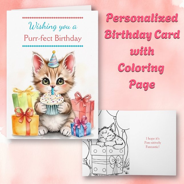 Carte Cue Anniversaire Chat | Page Coloriage intérieur (Créateur téléchargé)