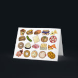 Carte Cuisine juive Cuisine Dîner de Vacances Aliments I<br><div class="desc">Design présente une illustration originale d'un assortiment d'aliments populaires dans la cuisine juive, y compris : babka, bagel avec fromage à la crème et lox, rugelach, blueberry blintzes, hamantash, sandwich reuben, cornichon à l'aneth casher, matzah, brunch aux épinards, shakshuka, tout bagel, macaron à la noix de coco, salade israélienne, kugel,...</div>