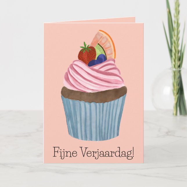 Carte Cupcake de fruits d'anniversaire néerlandais (Devant)