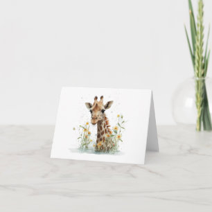 Carte Curieux Tête de Giraffe avec Fleurs BLANC