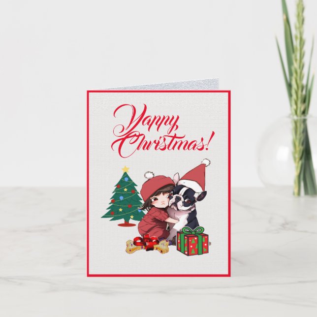 Carte Custom Cute Boston Terrier Avec Petite Fille Noël (Devant)