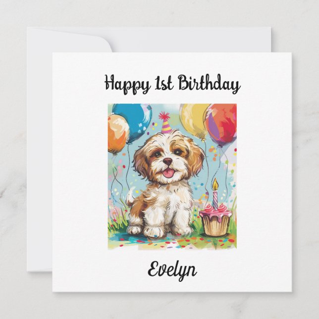 Carte Custom Happy 1er Anniversaire Félicitations, Chiot (Devant)