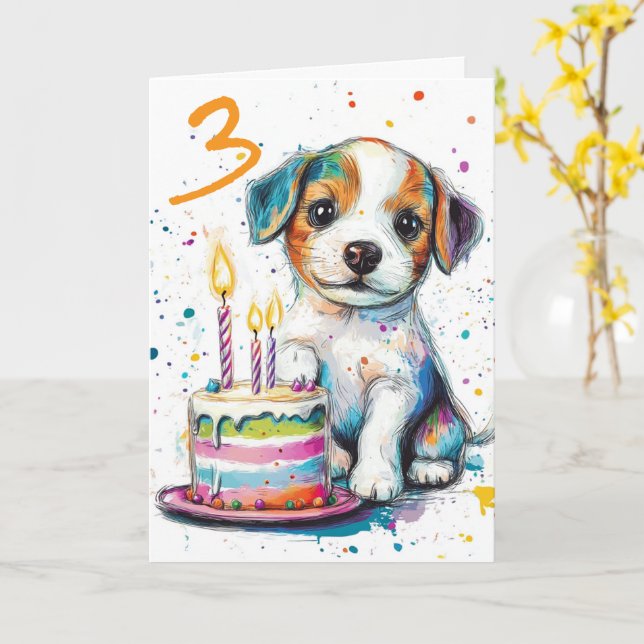 Carte Custom Happy 3e anniversaire Félicitations, Chiot (Fleur jaune)