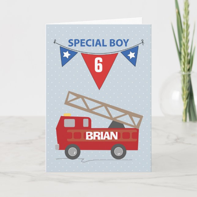 Carte Custom Name and Age, 6th Birthday, Boy, Firetruck (Devant)