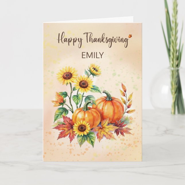 Carte Custom Name Happy Thanksgiving Sunflowers Pumpkins (Devant)