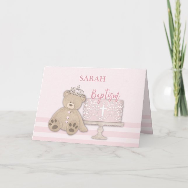 Carte Custom Name Pink Baptism Cake Teddy Bear and Tiara (Devant)