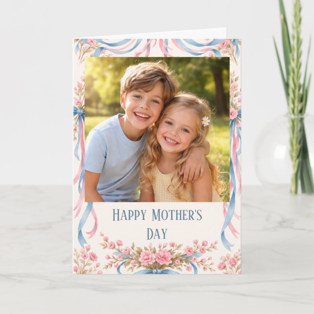 Carte Custom Photo Happy Mother’s Day floral ribbon (Devant)