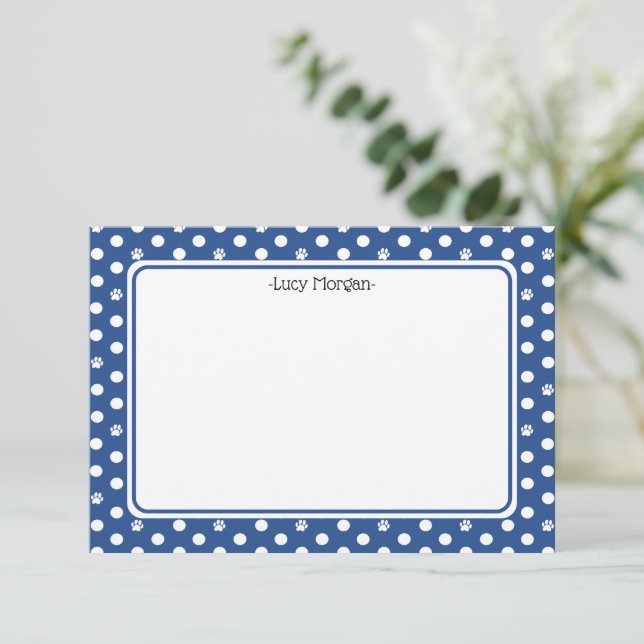 Carte Custom Whimsical Paw Print Polka Dot Blue Note (Debout devant)