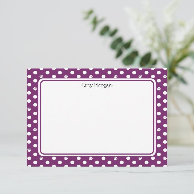 Carte Custom Whimsical Paw Print Polka Dot Purple Note (Debout devant)