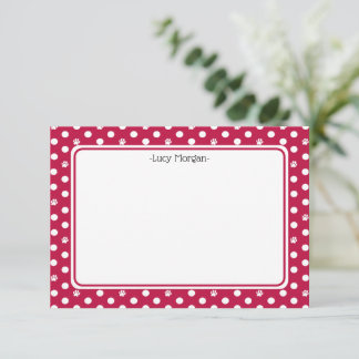 Carte Custom Whimsical Paw Print Polka Dot Red Note
