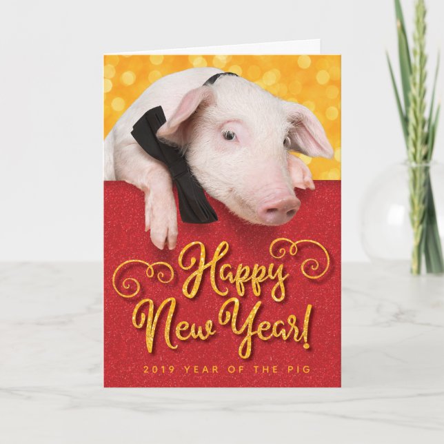 Carte Cute 2019 Joyeux Cochon De Nouvel An Avec Cravate  (Devant)
