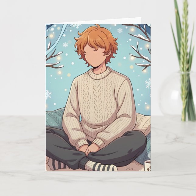Carte Cute Anime Boy Drinking Coffee in Winter (Devant)
