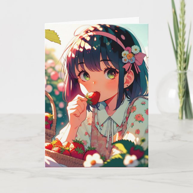 Carte Cute Anime Girl Manger Fraises Anniversaire (Devant)