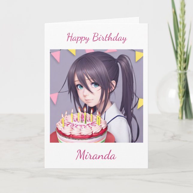 Carte Cute Anime Girl with Birthday Cake (Devant)