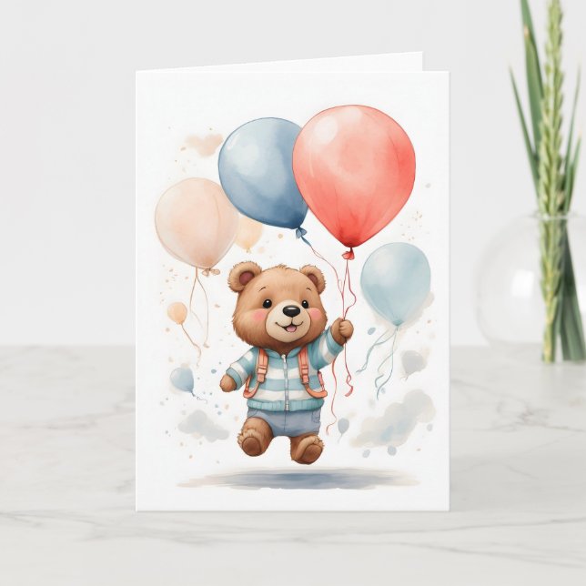 Carte Cute Aquarelle Bear Cub Floating dans l'Air Blank (Devant)