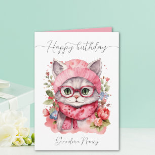 Carte Cute aquarelle Floral Chat Grand-mère Joyeux anniv