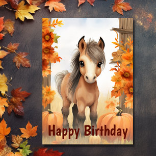 Carte Cute automne Foie et cheval Citrouille Anniversair
