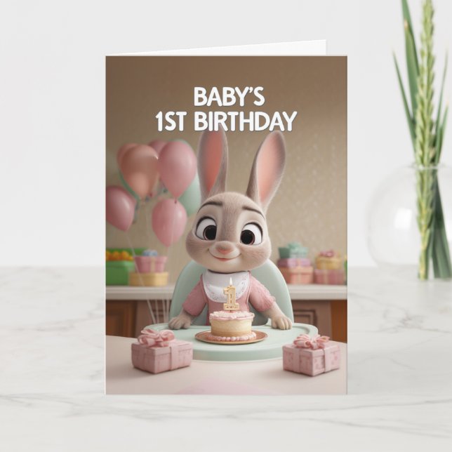 Carte Cute Baby Bunny in Pink Celebrating 1st Birthday (Devant)
