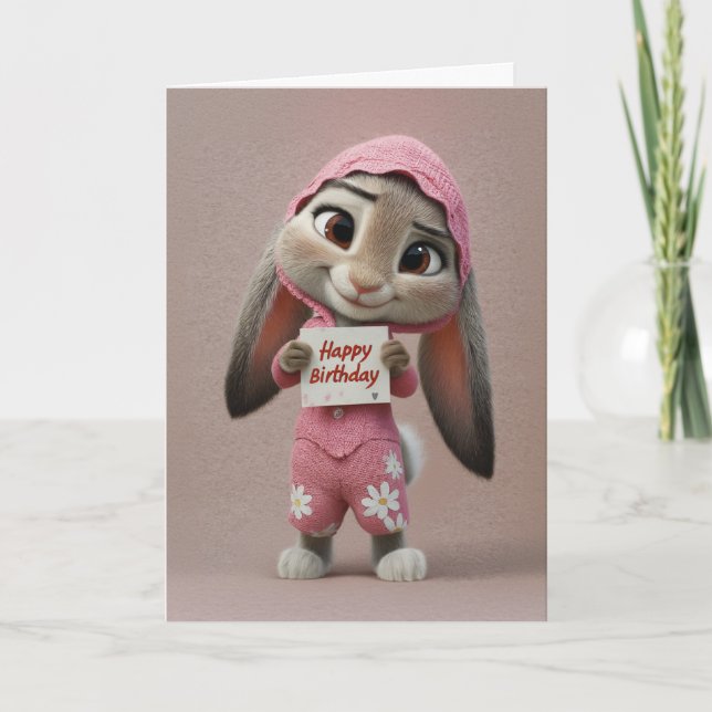 Carte Cute Baby Bunny in Pink Romper Birthday Card (Devant)
