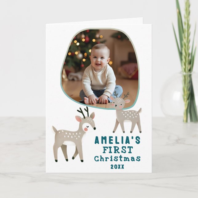 Carte Cute Baby's 1st Christmas Photo Reindeer Holiday (Devant)