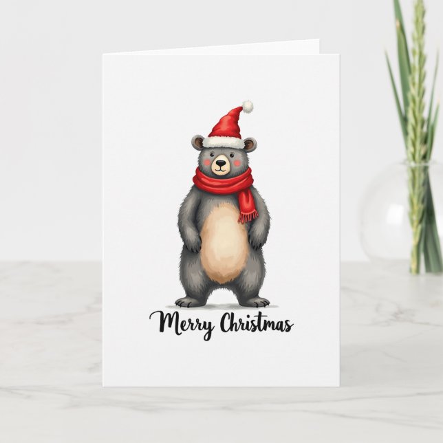 Carte Cute Bear Santa Hat Scarf Merry Christmas Card Art (Devant)