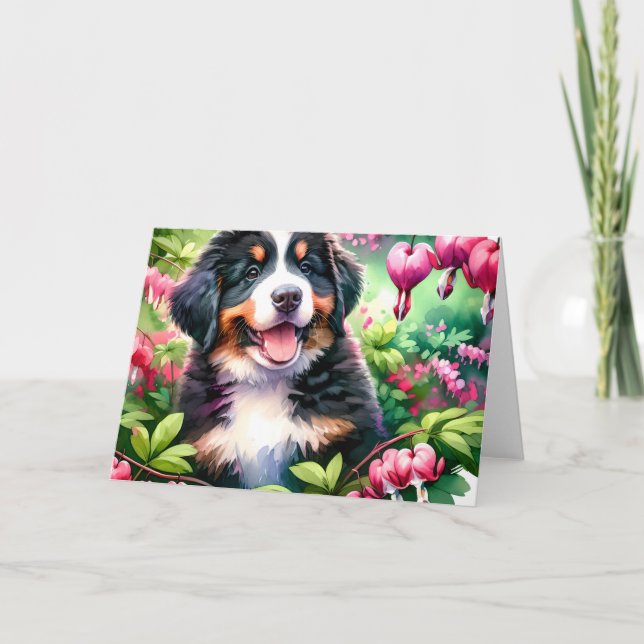 Carte Cute Bernese Mountain Dog Chiot Coeurs saignants (Devant)
