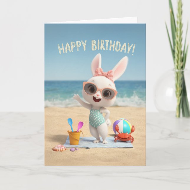 Carte Cute Birthday Bunny in Polka Dot Swimsuit at Beach (Devant)
