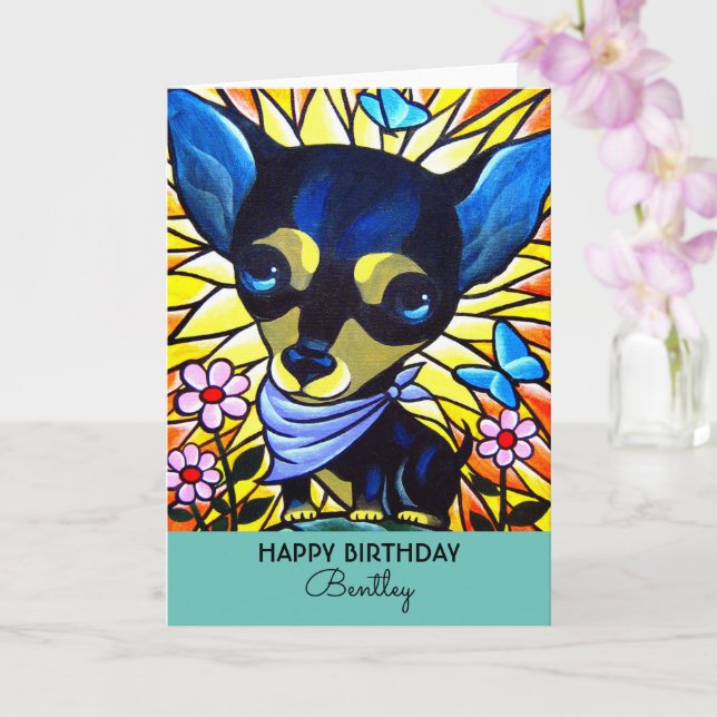 Carte Cute Black Chihuahua Birthday Dog Teal Artwork (Orchidée)