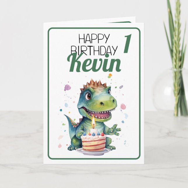 Carte Cute blanc et vert Dinosaur Garçon 1er anniversair (Devant)