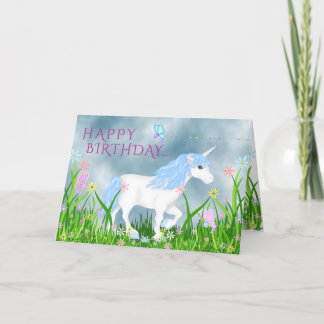 Carte Cute Bleu et Blanc Unicorne avec Fleurs Anniversai
