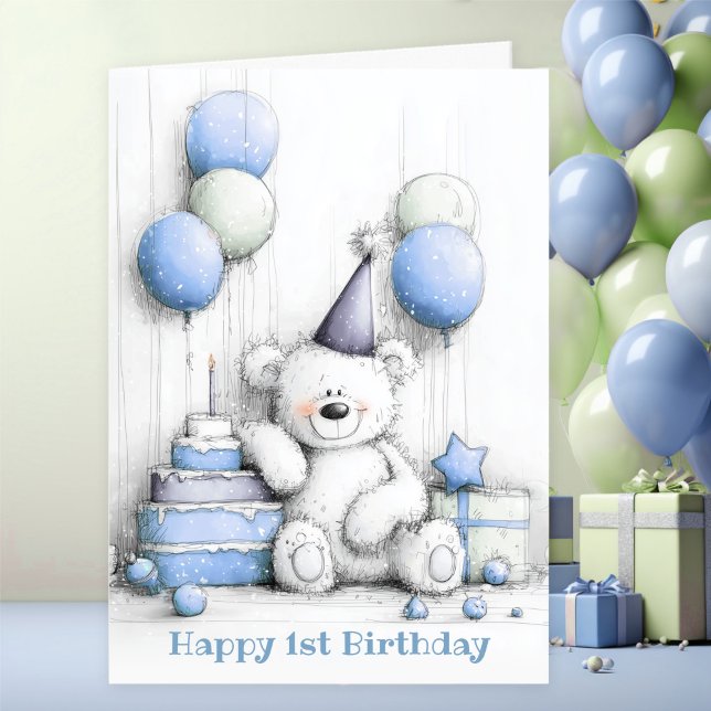 Carte Cute bleu Teddy Bear 1er anniversaire (Créateur téléchargé)