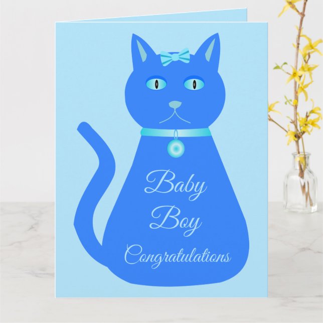 Carte Cute Blue Baby Boy Cat Félicitations Personnalisée (Fleur jaune)