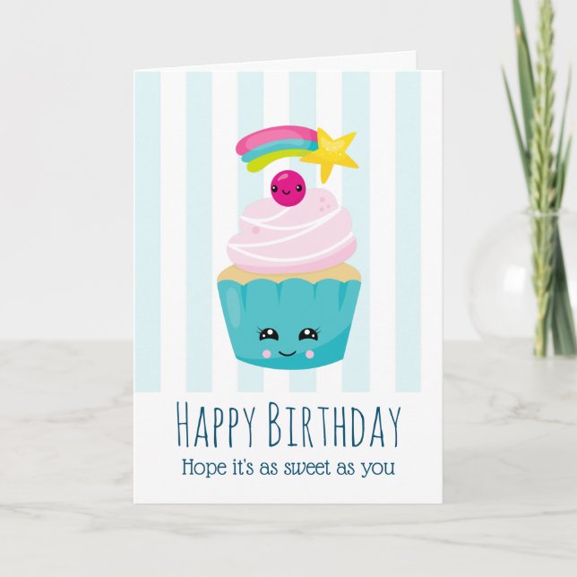 Carte Cute Blue Cupcake avec Kawaii Face Anniversaire (Devant)