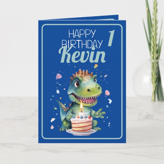 Carte Cute Blue et vert Dinosaur Garçon 1er anniversaire (Devant)